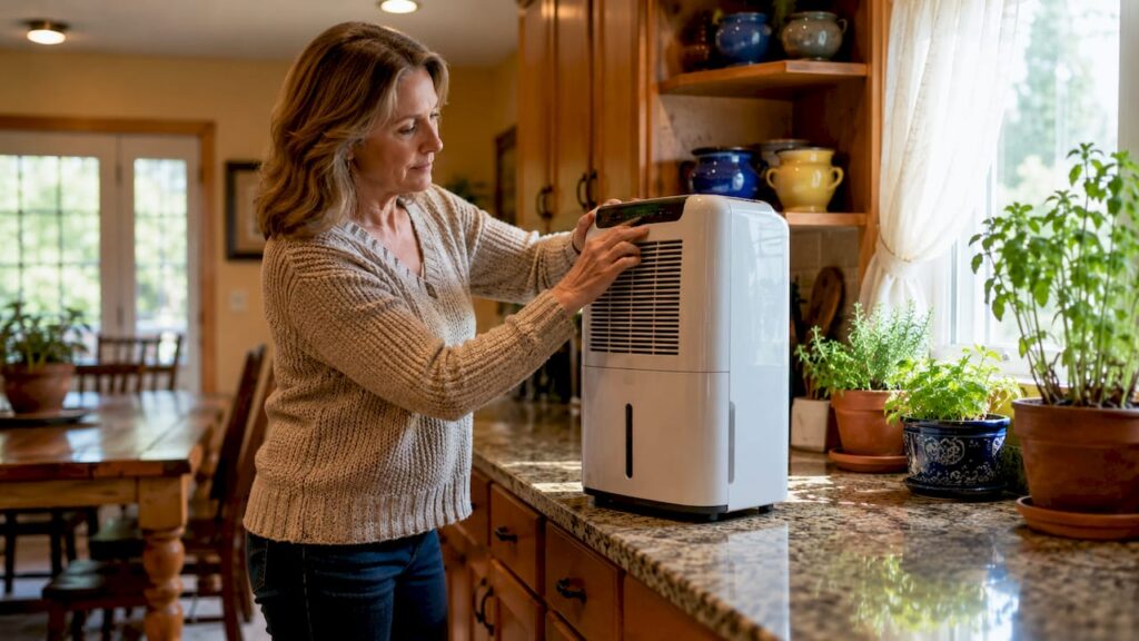 Woman adjusting home dehumidifier in living room