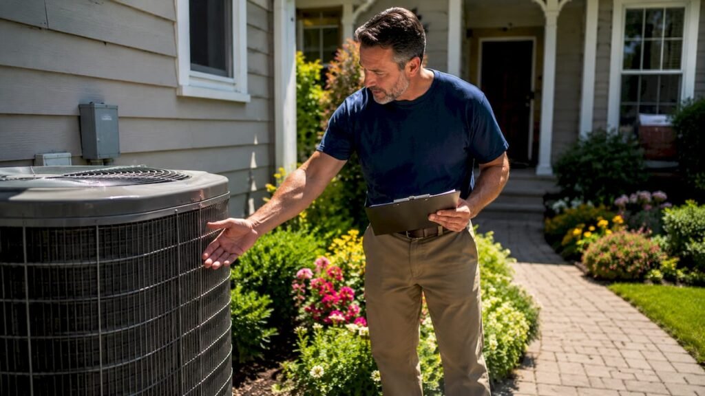 Homeowner inspecting outdoor AC unit in backyard