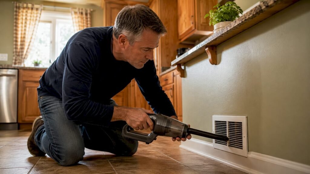 Homeowner vacuuming dust from air vent grille