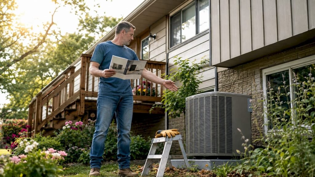 Homeowner reviewing air conditioner unit outdoors