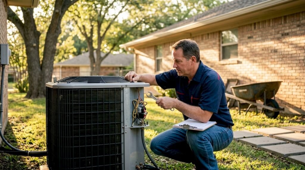 Homeowner inspecting home cooling outdoor unit