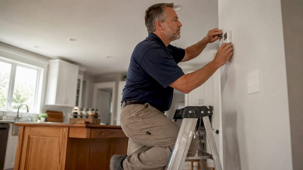 Man installing thermostat on hallway wall