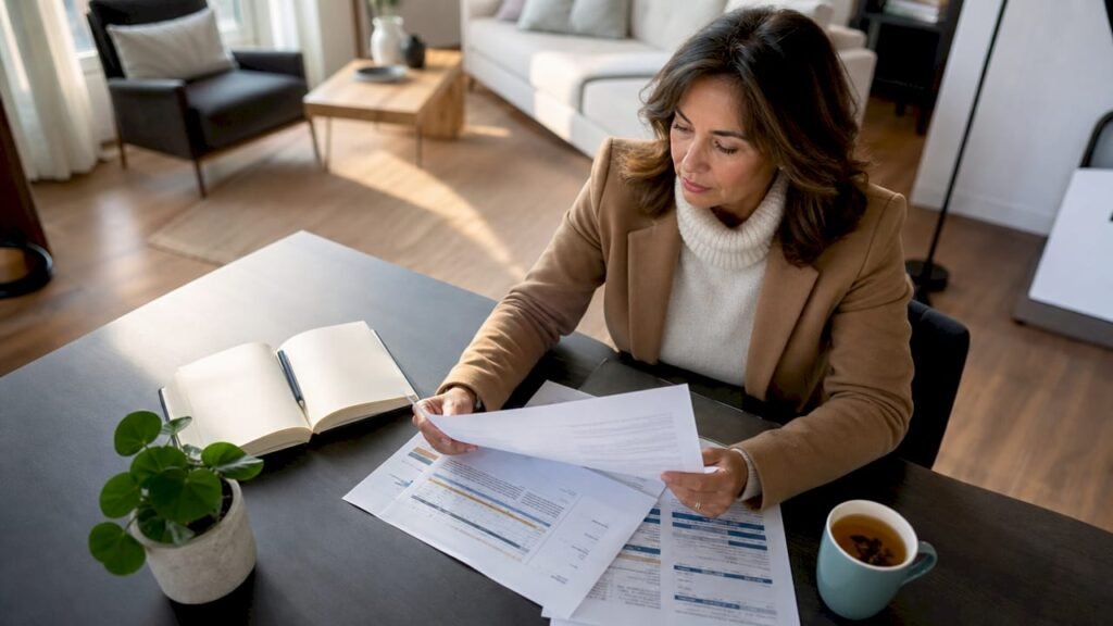 Woman reviewing HVAC financing documents at home