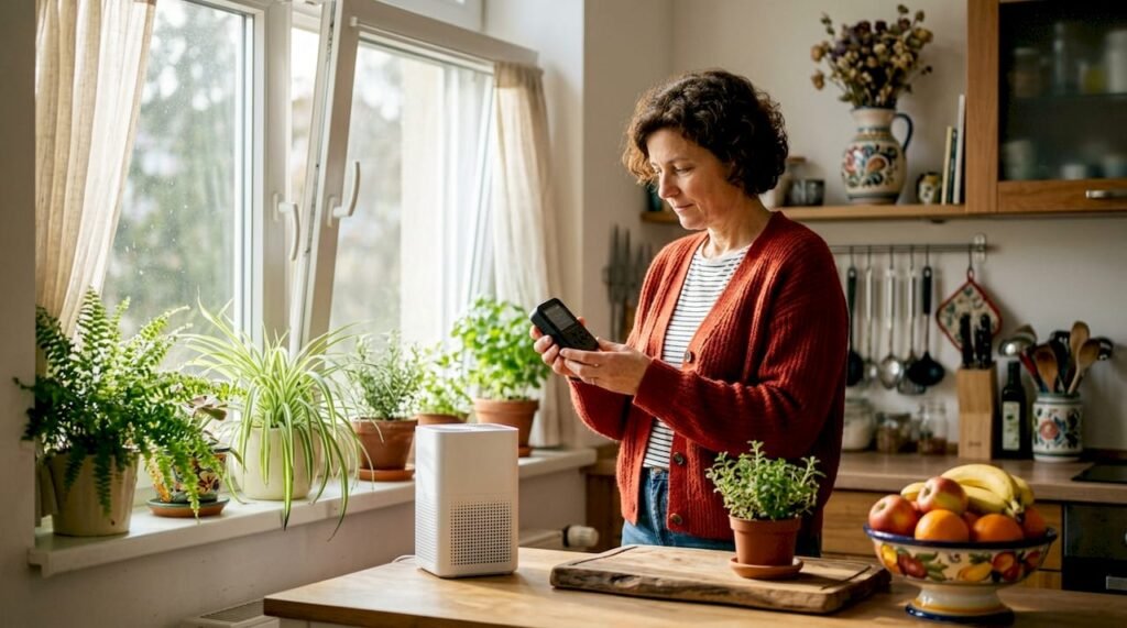 Woman checking air quality monitor indoors