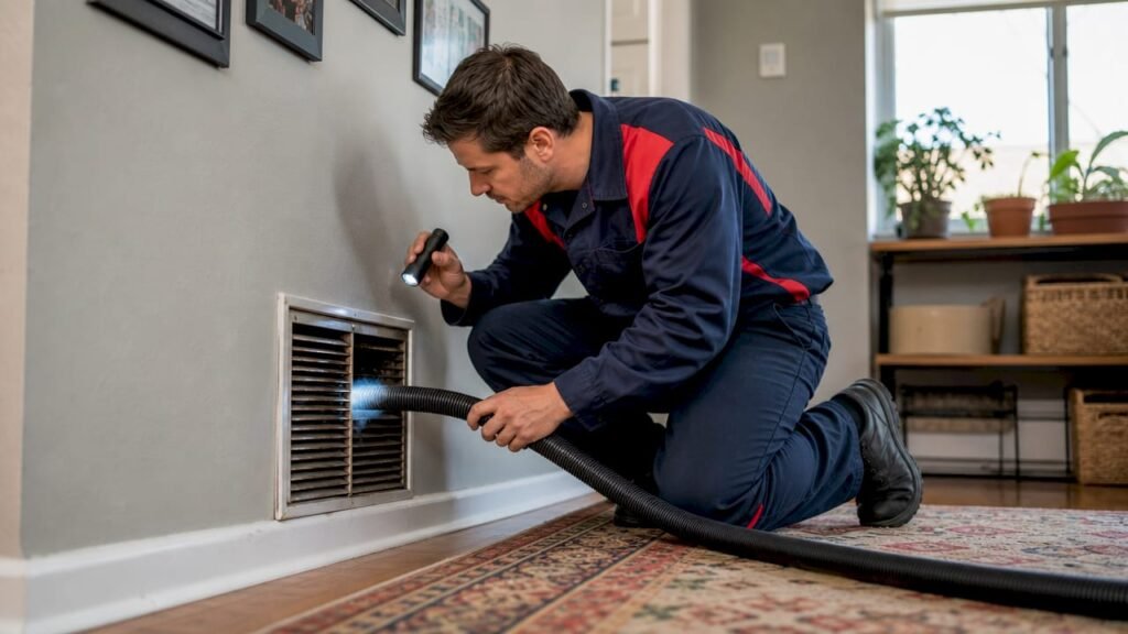 HVAC technician inspecting residential air duct