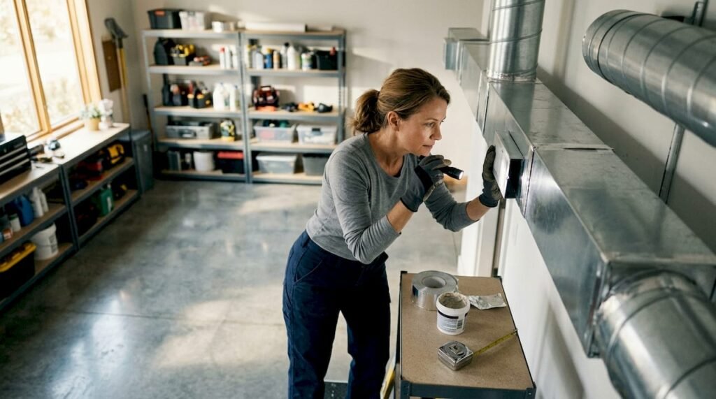 Homeowner inspecting HVAC ducts in basement