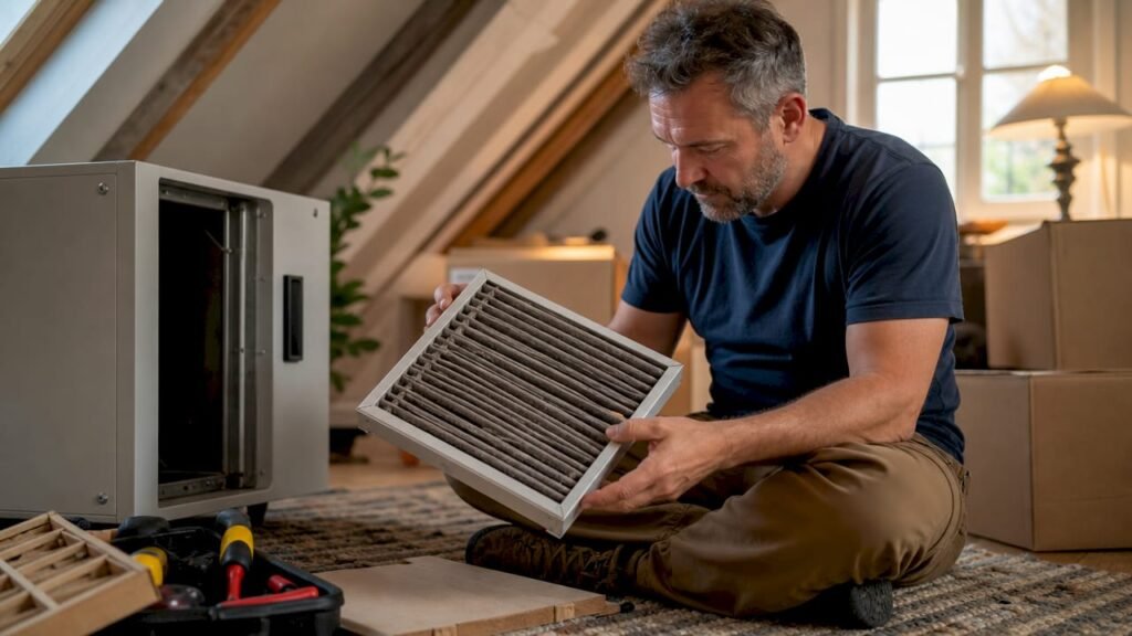 Person inspecting HVAC air filter in home basement