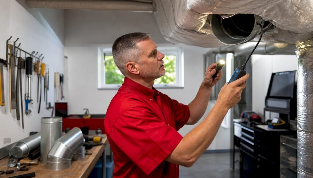Technician inspecting ductwork in residential basement