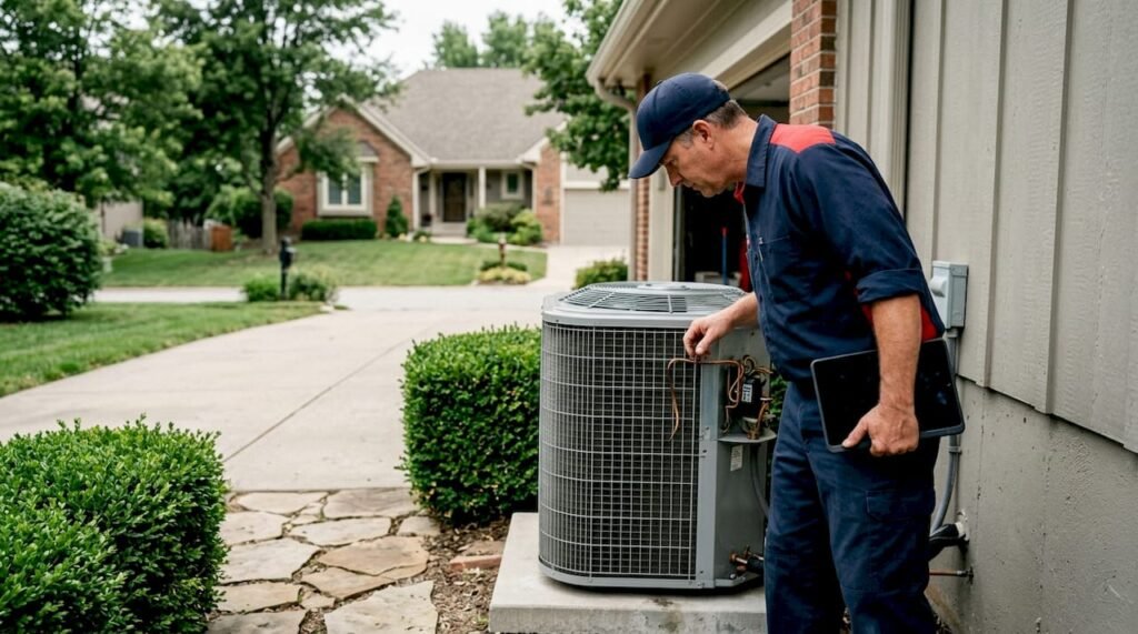 HVAC technician inspecting AC unit outdoors
