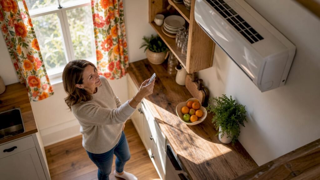 Homeowner adjusting mini split system indoors