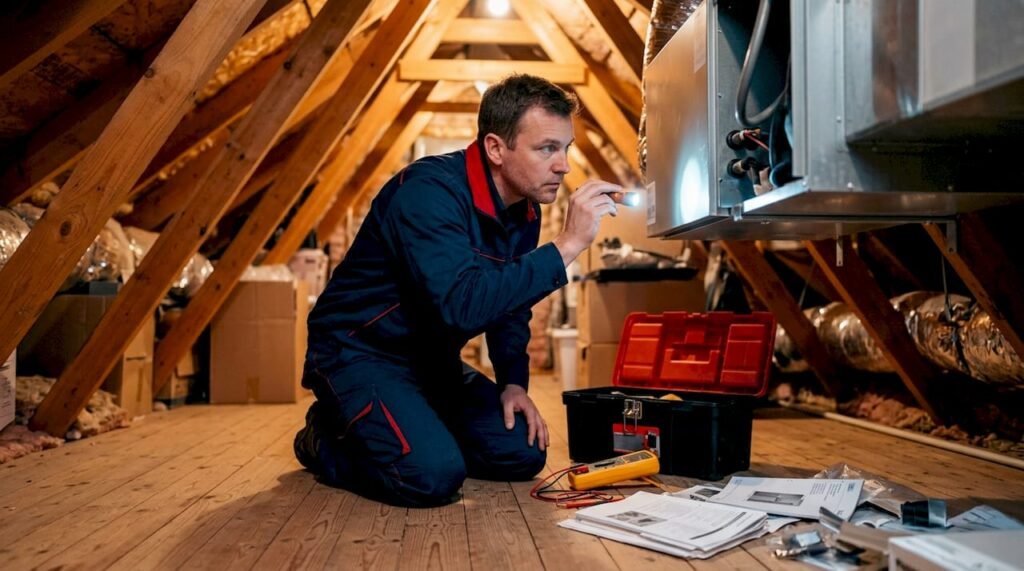 Technician inspecting whole-home dehumidifier unit in basement