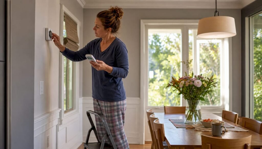 Homeowner adjusting thermostat with thermometer