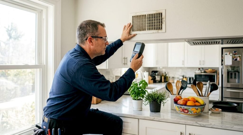 Technician measuring airflow at home HVAC vent