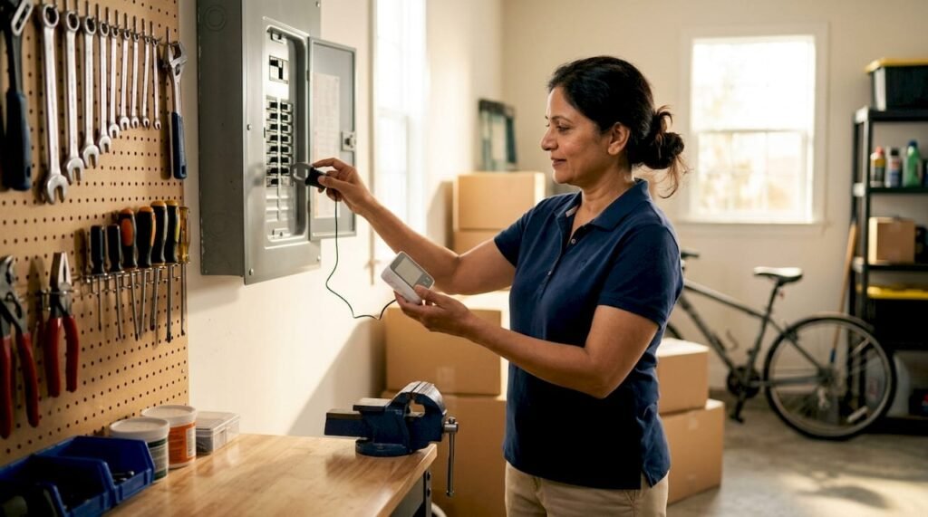Woman installing whole-home energy monitor