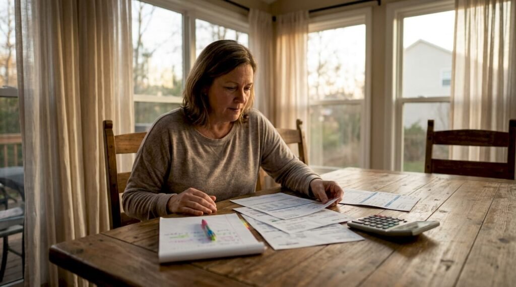 Woman reviewing home energy bills at kitchen table