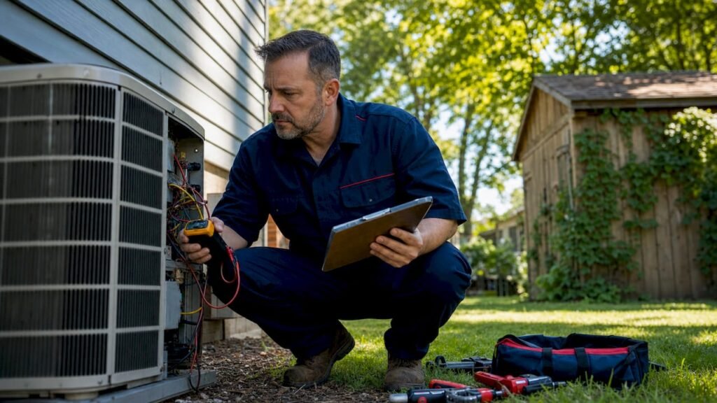 Technician inspecting rental HVAC outdoor unit