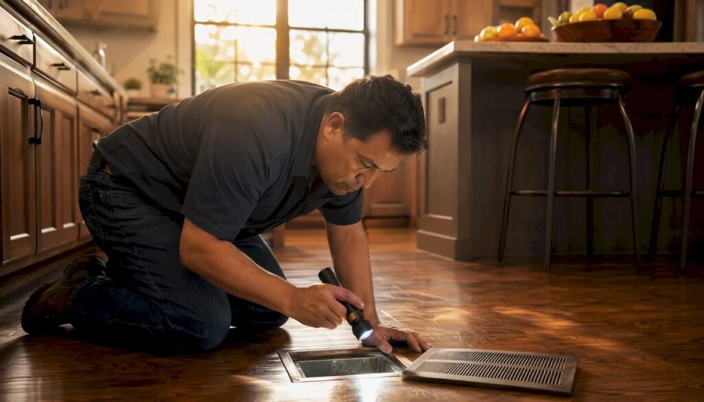 Man inspecting home HVAC vent with flashlight
