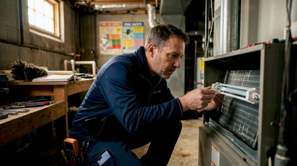 HVAC technician installing UV light in basement HVAC