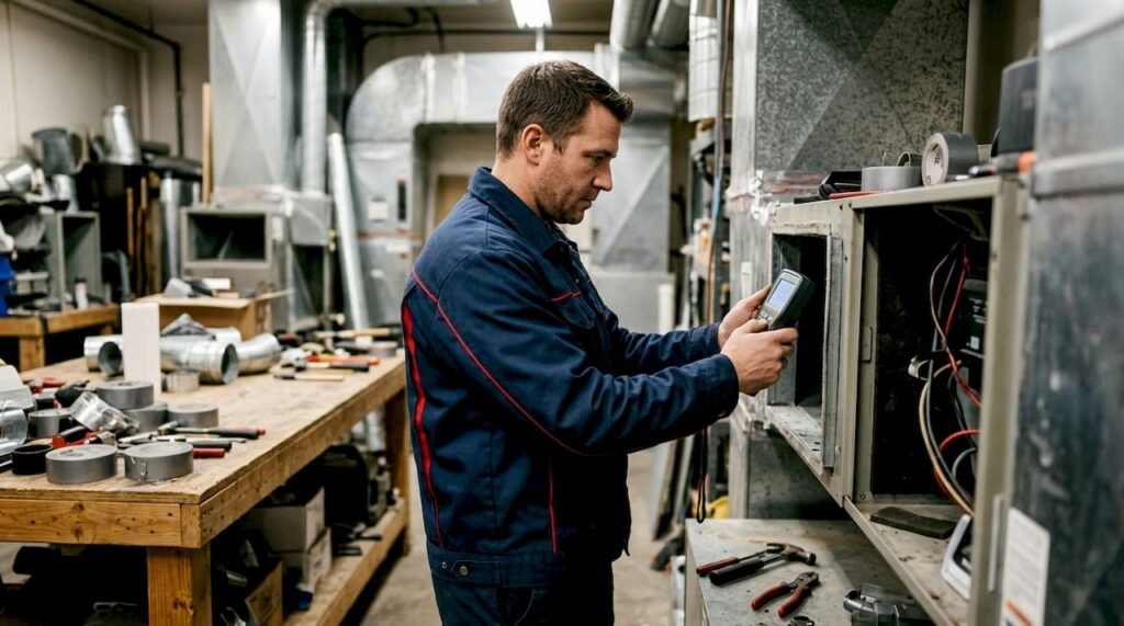HVAC technician testing air ducts in basement