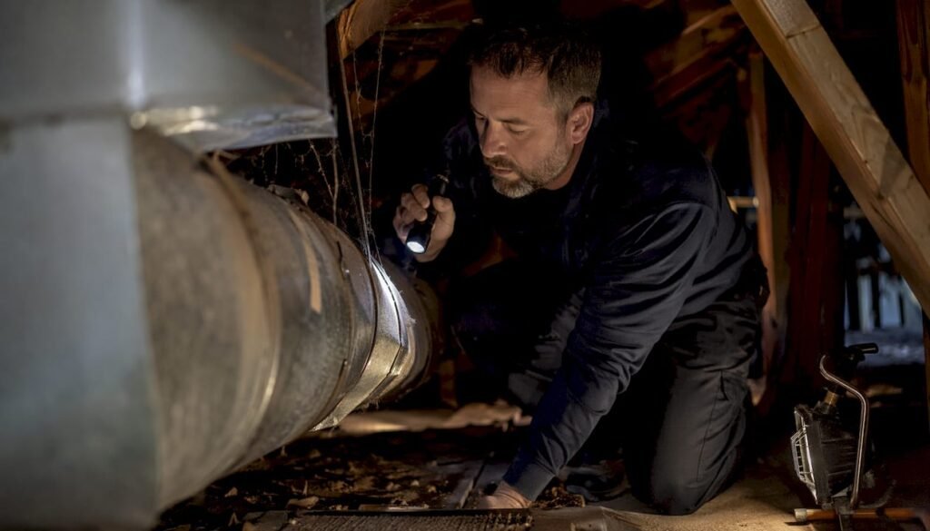 HVAC technician inspecting ductwork indoors
