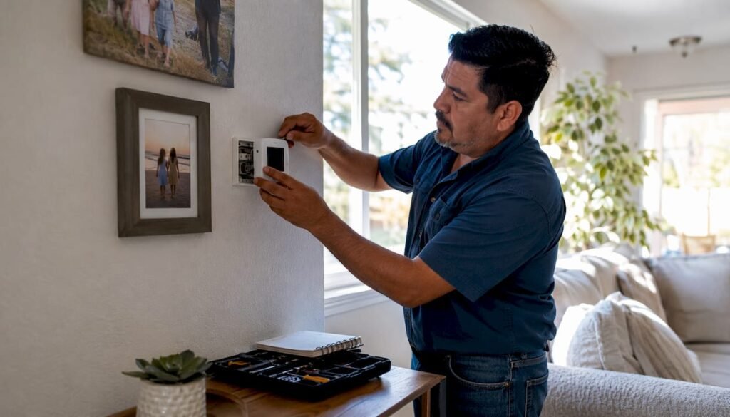 Man removing old thermostat from home wall