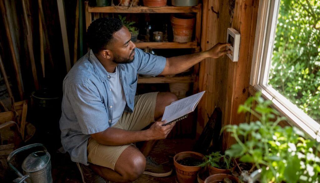 Man inspecting home cooling system equipment