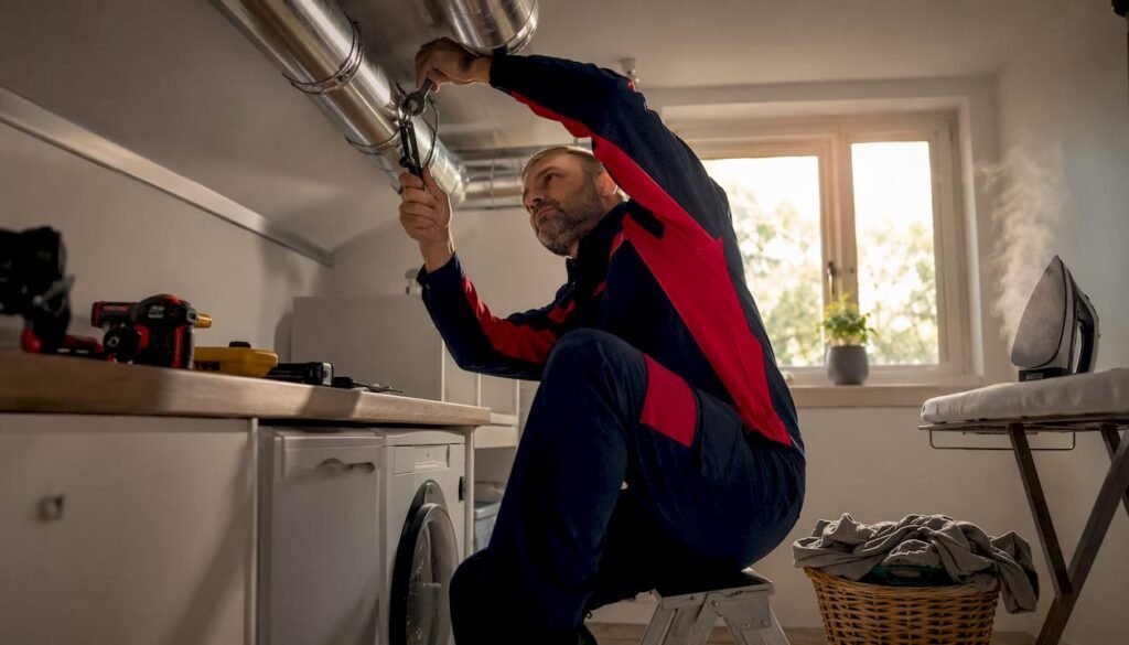 HVAC technician working on home duct system