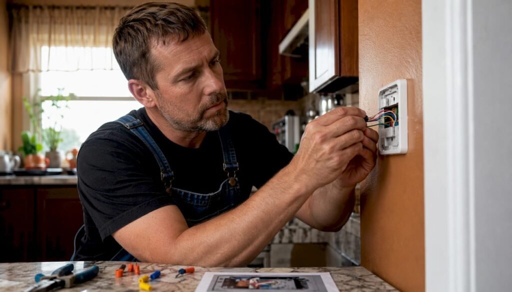 Technician wiring thermostat base plate at home