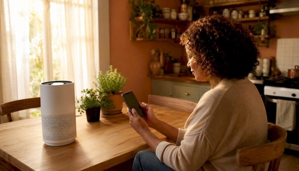 Woman checking air purifier in bedroom