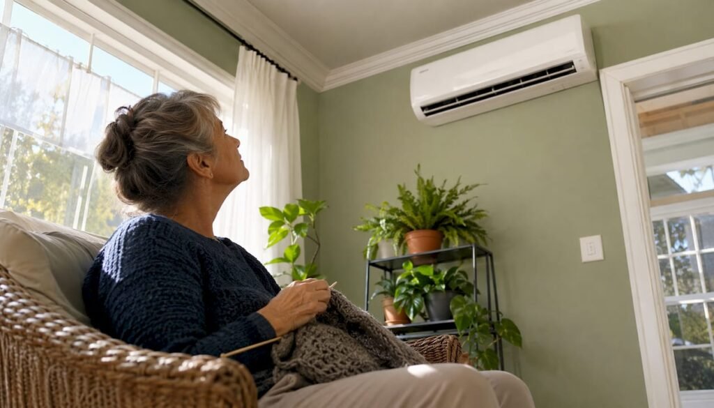 Homeowner inspecting ductless mini split unit indoors