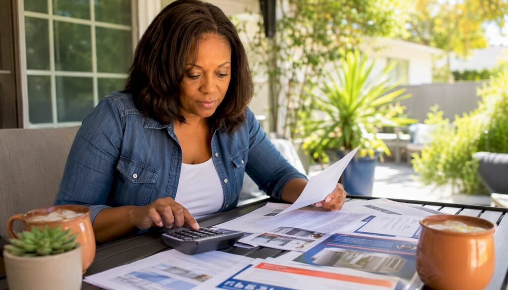 Woman reviewing home energy bills at kitchen table