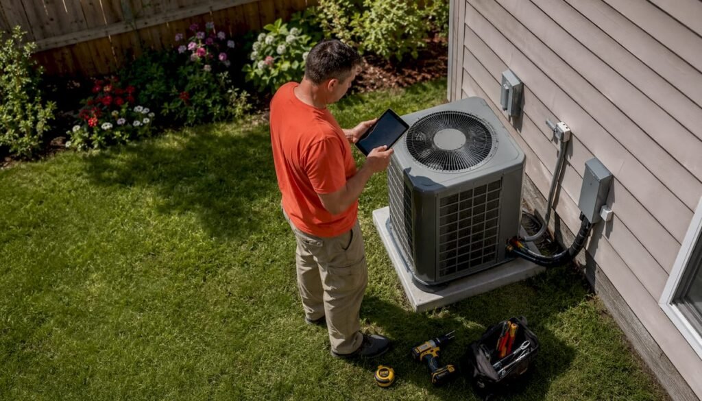 Homeowner reviewing AC installation by outdoor unit