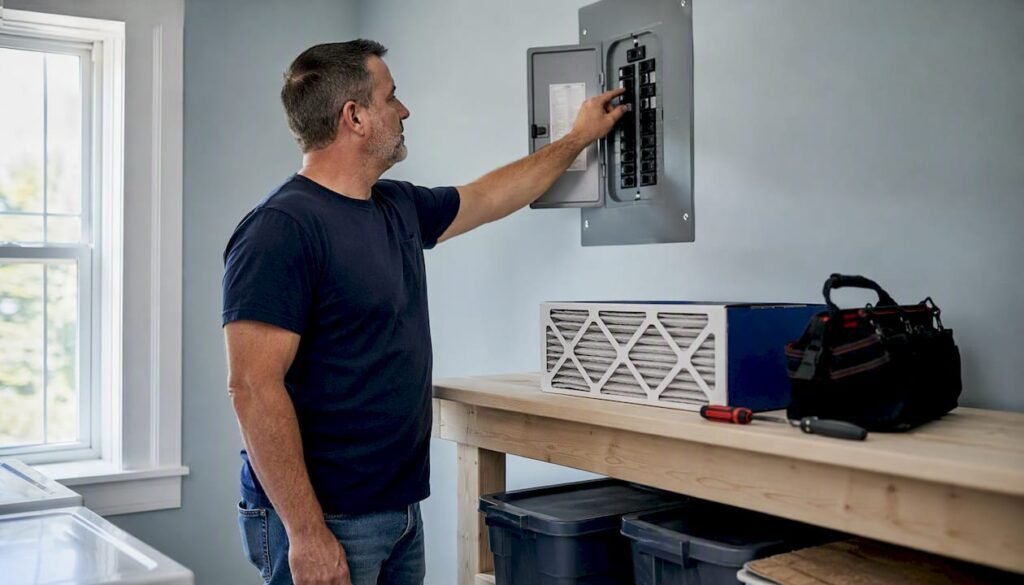 Man turning off HVAC power at thermostat