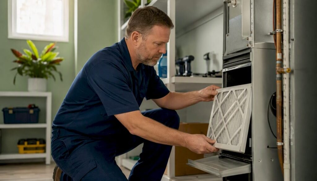 Technician installing new HVAC air filter