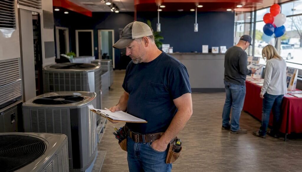 Contractor checking Goodman HVAC warehouse inventory