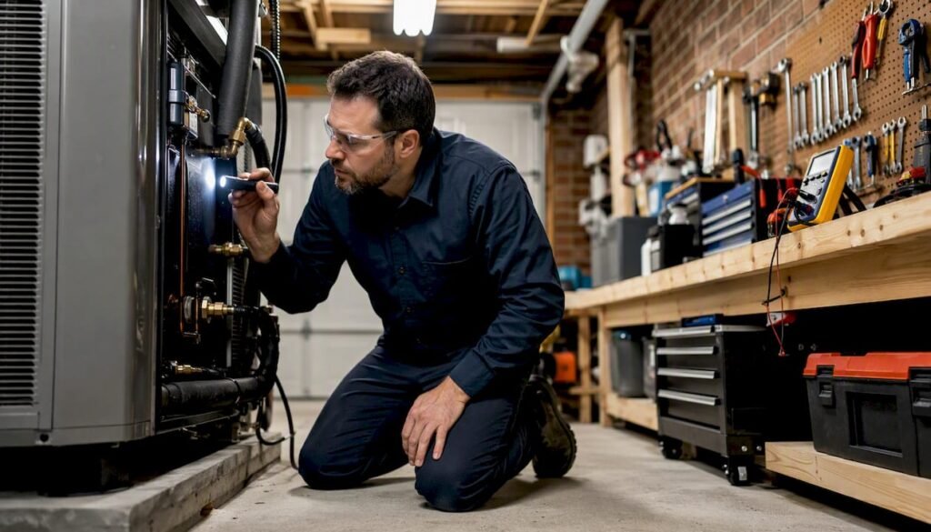 Technician inspecting geothermal heat pump indoors