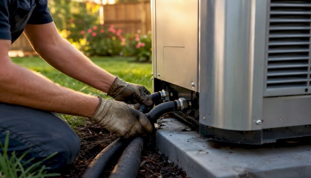 Technician connecting pipes to geothermal heat pump