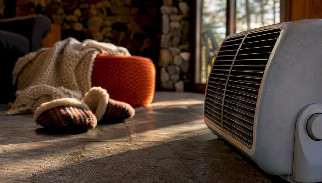 Portable space heater in a cozy living room