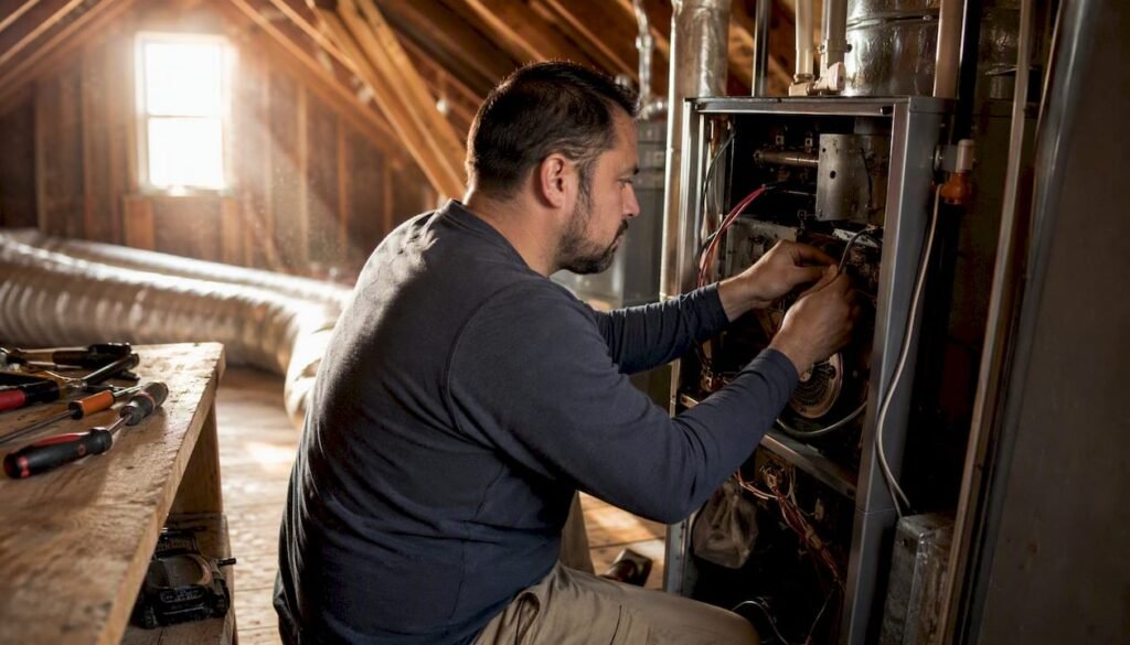HVAC technician inspecting home furnace