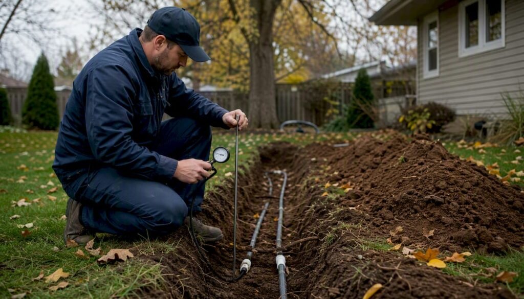 Technician inspecting geothermal heat pump ground loop in yard