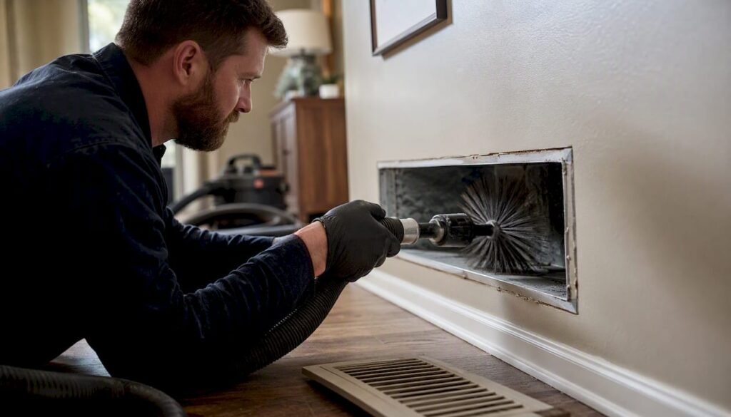 Technician cleaning air duct with rotary brush tool
