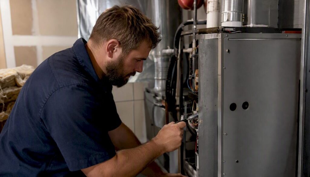 HVAC technician inspecting furnace controls