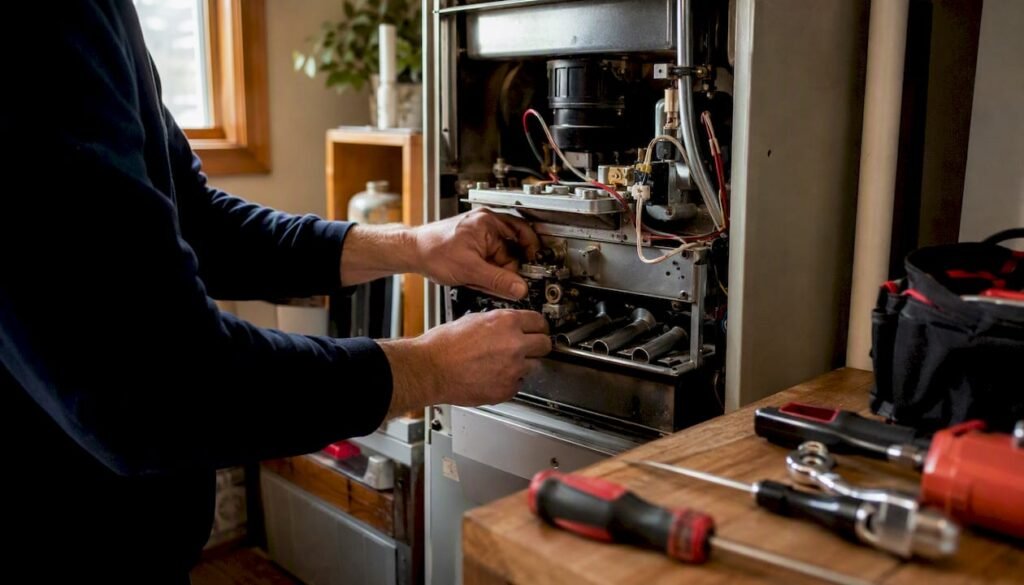 Technician adjusting furnace burner ignition
