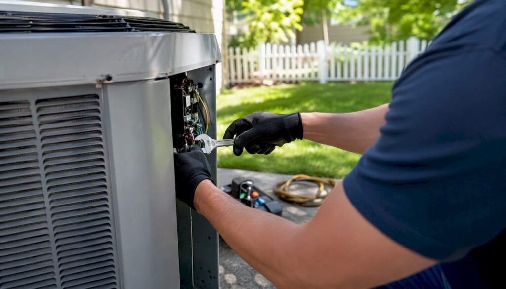 Technician repairing outdoor HVAC unit