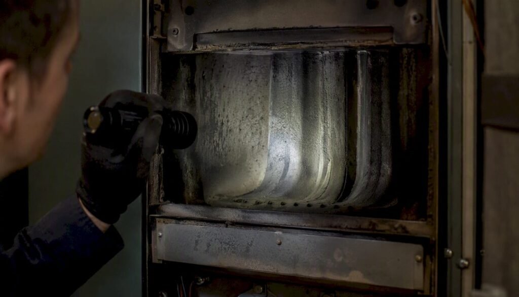 Close-up of furnace heat exchanger inspection
