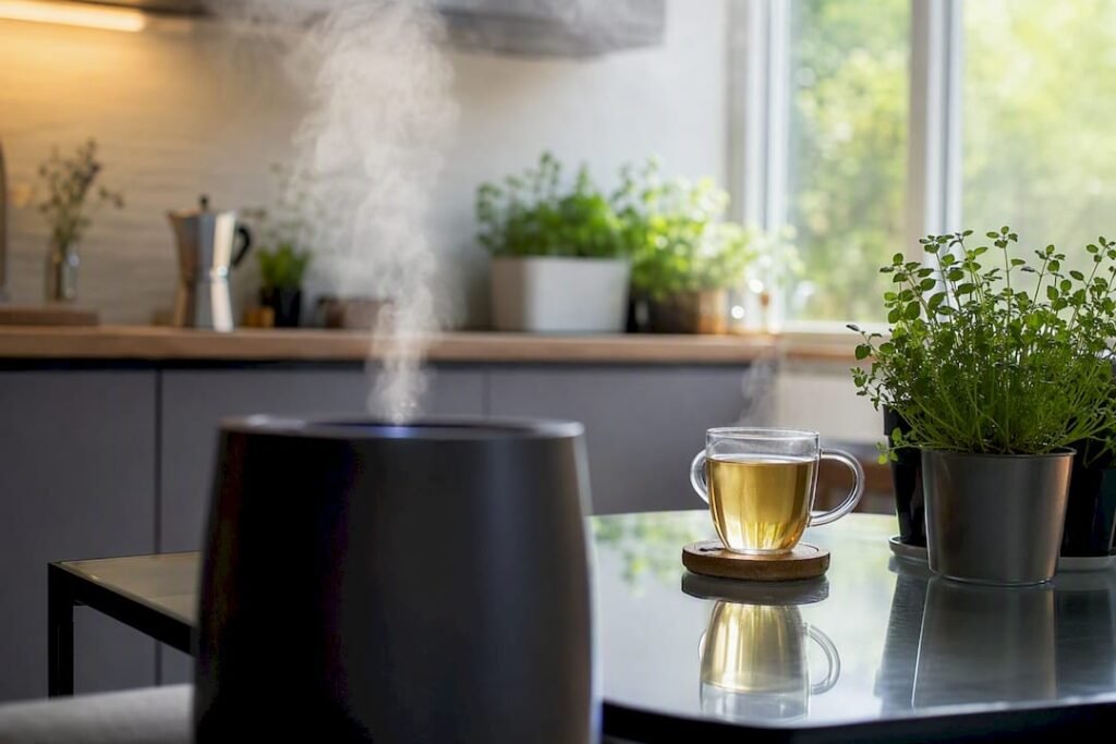 Portable humidifier emitting mist indoors