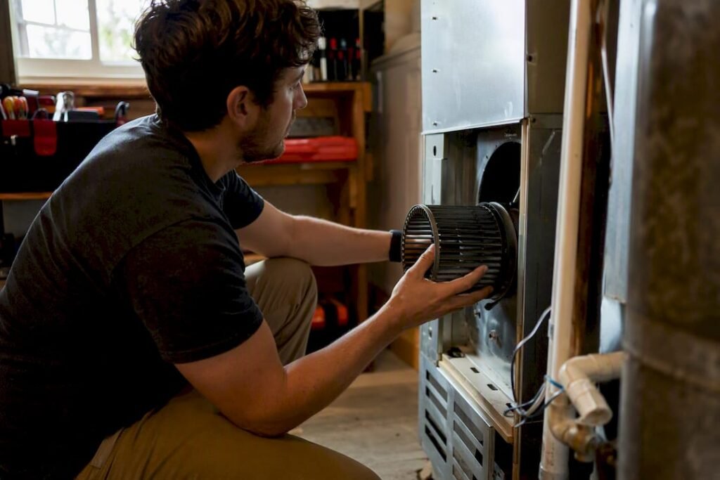 Hands inspecting furnace blower assembly